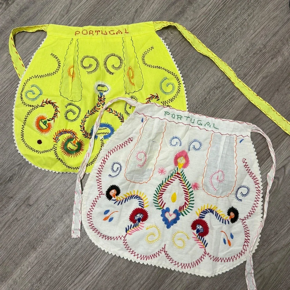Vintage Portugal Half Apron Set of 2 Yellow White Folk Hand Embroidered Pockets